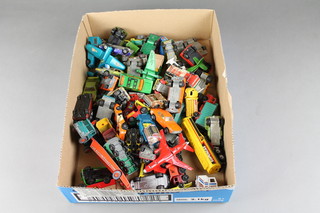 A box containing a collection of various toy cars