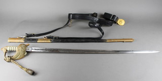 A George V Naval Officer's sword with bullion dress knot, complete with scabbard and Elizabeth II issue leather sword belt by by Gieves