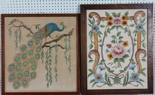 A stitch work floral panel 20" x 15 1/" contained in an oak frame and 1 other stitch work panel 19" x 18"