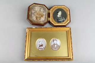A black and white photograph of a lady 3" oval contained in an octagonal Bakelite frame together with 2 early black and white photographs of a lady and young boy 2" oval