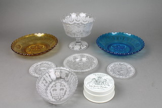A Victorian commemorative moulded glass pedestal bowl 6", an anchovy paste jar and 6 other commemorative moulded glass items