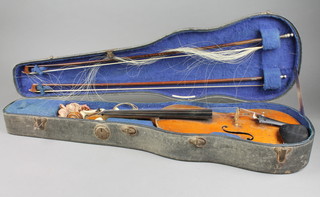 A violin with 2 piece back, bears label Jonnes-Guilami Filius Fecit Barcinone Anno 1773 14 1/2", together with 2 bows and contained in a Heart & Son case 