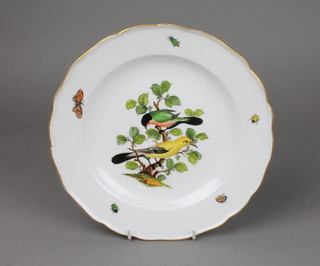 A 19th Century "Meissen" dinner plate decorated with a polychrome panel of birds surrounded by insects 10"