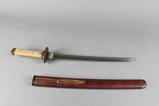 A 19th Century Japanese Wakizashi with 13 1/2" blade and "silver" Habaki with signed Tang, shagreen grip, contained in a red lacquered scabbard with metal Sayajira, Tsuba and Kshira, missing 2 knives to the side 