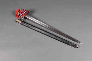 A reproduction Scottish basket hilted broadsword with 35" blade, leather and chrome mounted scabbard