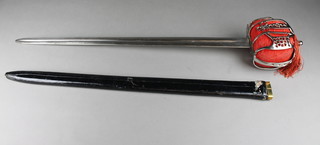 A reproduction broad sword with 28" blade, leather scabbard