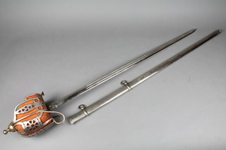 A Victorian Scottish basket hilted  broadsword, the blade etched VR, 31 1/2" complete with polished steel scabbard