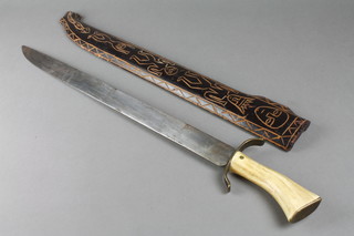A Continental hunting sword with 17" blade, horn handle, complete with wooden scabbard