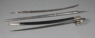 A saber blade marked WE 27 1/2", a reproduction straight sword blade 28" complete with scabbard, no hilt, and a reproduction Indian saber with 28 1/2" blade 