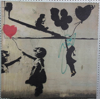 After Banksy, a canvas print,  a graffiti style study of children at play 27" x 27" 