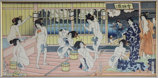 Kunisada, 19th Century woodblock print.  A study of a Geisha wash house, signed and coloured 7" x 14" 