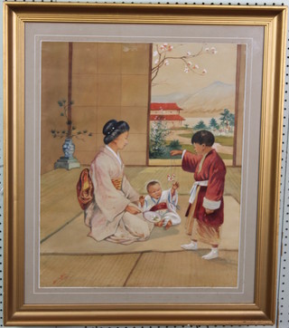 Belouha Nimiteh, a waterclour study of Japanese mother and 2 children in a pavillion, signed and dated 1924, 21" x 17" 