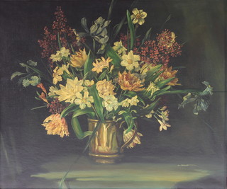 E Bridge, oil painting, a still life study of spring flowers in a metal mug, signed 25" x 30"