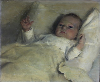 Early 20th Century oil painting, study of a baby in its cot, 14" x 17" unsigned
