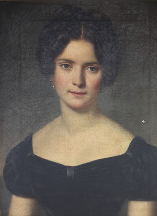 A 19th Century oil painting.  Portrait of a young lady wearing a black velvet dress with pearl earrings, (re-lined), unsigned  19.1/2" x 15 1/2"
 
