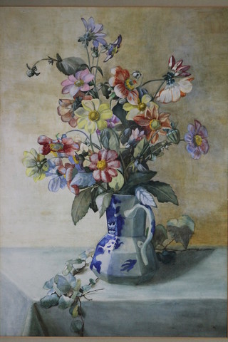 Webb, watercolour.  Still life study of spring flowers in an ironstone jug on a table top, signed 22 1/2" x 15 1/2"