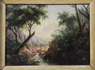 19th Century oil painting on panel, study of a ravine with trees and distant cattle 4" x 5.5" 
