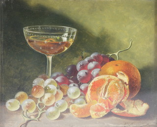 R W Warwick, oil painting.  Still life study of a glass of wine, grapes and oranges, signed and dated 1879,  8 1/2" x 10 1/2"