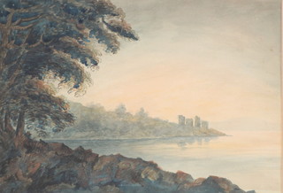 19th Century watercolour.  Loch side view with ruined buildings and trees 10" x 14" 