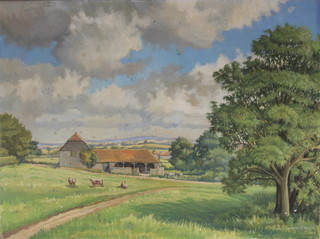 Norman Kenneth Wilkinson, oil painting.  An extensive study of Sussex farm land with cattle and farm buildings, signed 17" x 23" together with a 20th Century pastel drawing, still life study of a vase of roses 11" x 9"