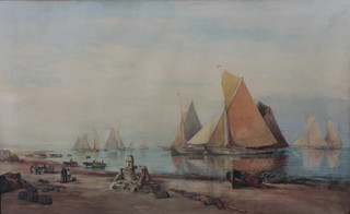 Alex Williams ARHA, 1888, watercolour.  An extensive beach scene with moored boats and fishermen, signed and dated 30 1/2" x 49 1/2"
