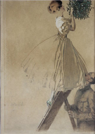 Edmund Blampied, watercolour.  A First World War interior study of a soldier holding a step ladder supporting a lady arranging mistletoe, signed in pencil, 11 1/2" x 8"