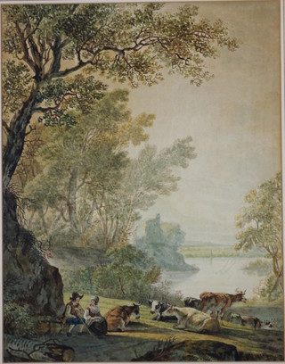 P M De Court, watercolour. A Continental lakeside view with figures and cattle and castle ruins, signed 16" x 13" 
