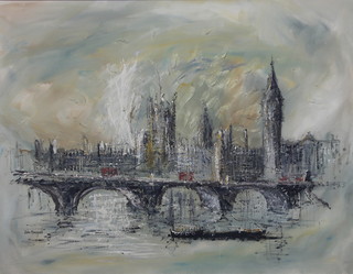 John Bampfield, oil painting.  A 1960's study of the Houses of Parliament, signed 27" x 36"