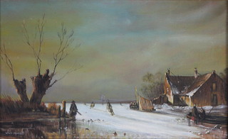 20th Century oil.  A Dutch winter landscape with skating figures and distant windmill, signed 11" x 18"