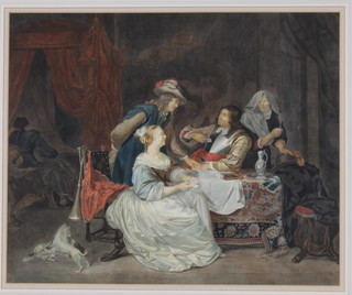 18th Century watercolour.  A Continental interior scene of card players in a bed chamber with figures at pursuits and dogs in the foreground 15" x 19" 