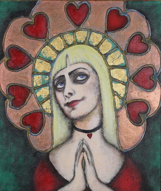 20th Century oil painting.  A study of a lady in supplication with a heart decorated head dress 23" x 20" 