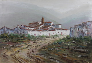 20th Century oil painting.  A Continental study of farm buildings with distant mountains, signed 32" x 45"