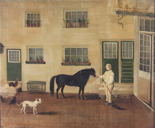 James Clark, oil on panel.  A fine mid 19th Century naive study of a gentleman holding the reins of a pony in the courtyard of a 2 storey building, the foreground with chickens and American Bulldog beneath an outside cage with a song bird, inscribed painted by James Clark from life, No. 28 Park Street, 1850, the property of William Marshall Corn Chandler 24" x 29"  