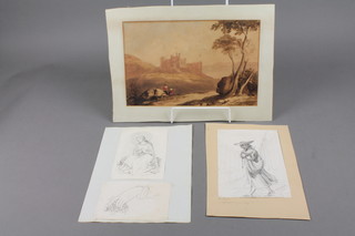 19th Century watercolour.  An unframed study of a Scottish castle with figures in the foreground 8" x 13" and 3 pencil sketches