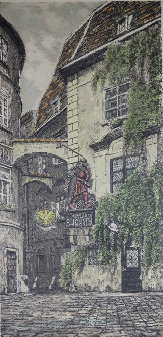A German coloured etching, tavern scene, 17" x 8 1/2" indistinctly signed