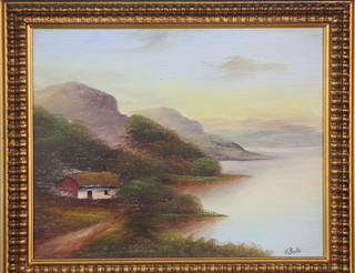 H Buston, oil on board, study of a cottage by a bay 