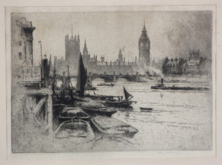 An etching of the Thames looking west with The Palace of Westminster in the Distance 7" x 10" 