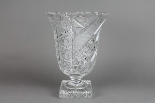 A cut crystal pedestal vase with flared neck and square base 12"