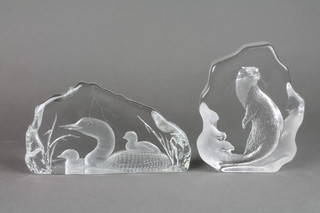 2 Studio glass paperweights etched with an otter and ducks