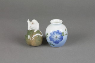 A Royal Copenhagen baluster vase decorated with flowers 28001259 2" and a Danish  figure of a mouse on a rock 511 1.75" 