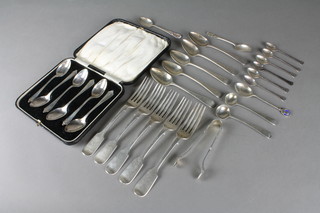 5 Victorian silver fiddle pattern table forks, London 1854, 6 silver coffee spoons and minor spoons, approx. 13 ozs