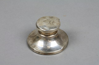 A circular silver capstan inkwell, Birmingham 1924, monogrammed, no liner, 3"diam