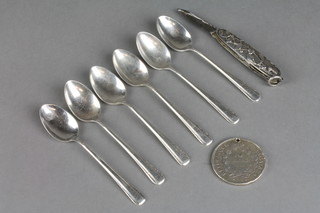 A set of 6 Sterling silver coffee spoons, a pocket knife and coin