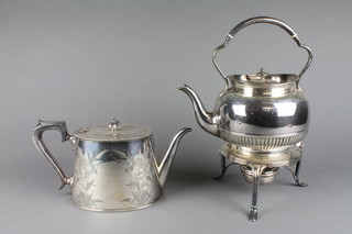 An Edwardian bulbous spirit kettle on stand with scroll legs and an Edwardian plated tapered teapot 