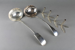 A silver plated fiddle pattern ladle, an old English ditto and 4 bamboo spill vases, stamped 800