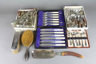 2 silver backed brushes, an Edwardian plated crumb tray and minor plated cutlery