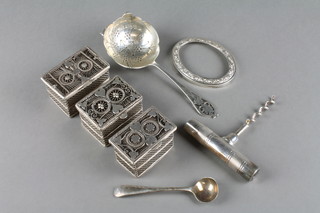 A pierced silver tea strainer, 3 Continental boxes and 3 other items