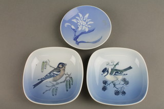 3 Royal Copenhagen dishes decorated with a bird 4816 4", a Tit 4817 4" and  flowers 3612 4"