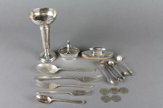 A tapered silver posy vase with scroll rim, 5.5" and minor items of cutlery