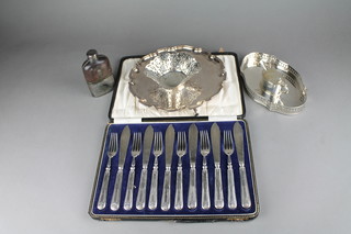 A set of cased silver plated fish eaters for 6 with fancy handles, ditto salver, tray, bowl, mustard and hip flask